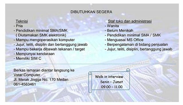 Dibutuhkan Segera Staf Toko & Administrasi dan Teknisi di Vstar Computer